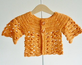 Baby cardigan - age 3 - 6 months - orange pumpkin - matinee jacket - luxury yarn merino wool, silk, mohair