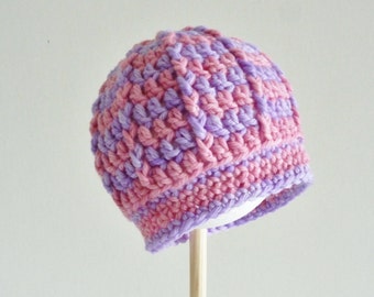 Newborn baby beanie hat -  soft warm baby cap organic merino wool - candy stripes - pastel pink and lilac