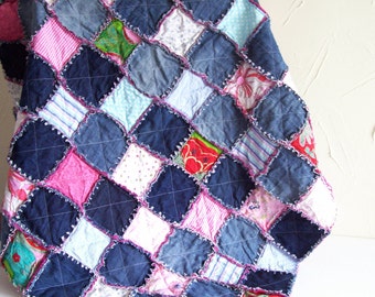 Denim rag quilt tutorial PDF pattern - picnic blanket - recycled eco friendly fabric rag rug