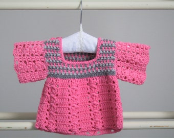 Preemie newborn baby dress - 5lb to 7lb approx- crochet dress - beautifully soft organic cotton - coral pink with grey yoke