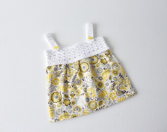 Sundress in yellow and white - newborn - crochet yoke with fabric skirt - organic cotton