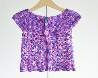 Bella pizzo senza maniche cardigan per il bimbo piccolo ragazza etá 12 mesi mano lana britannica tinto - colori luminosi blu viola rosa