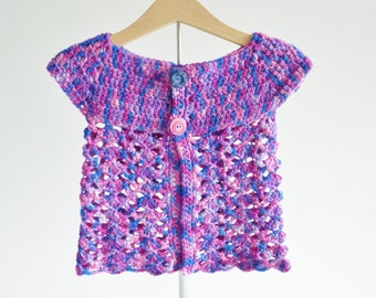 Beautiful sleeveless lace cardigan for toddler little girl age 12 months hand dyed British wool - bright colors blue purple pink