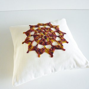 Crochet motif cushion compass design white cotton with gorgeous autumn coloured motif image 5