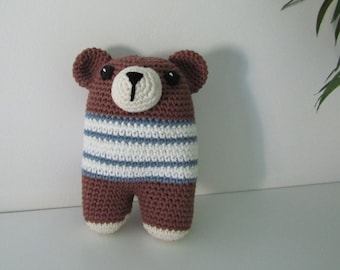 Teddy - Andy the crochet bear - stripey jumper - 100% cotton yarn - brown bear