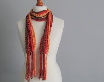 Hand Crocheted Bamboo Mesh Scarf – Brown, Rust, and Gold Fringe