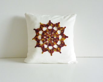 Crochet motif cushion - compass design - white cotton with gorgeous autumn coloured motif