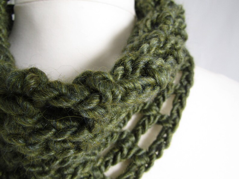 Deep green cowl lace design luxury merino, silk and alpaca light and soft neckwarmer wool collar image 5