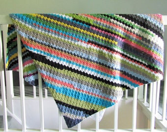 Striped multicoloured crochet blanket - diagonal pattern - crochet in 100% cotton yarn - soft and heavy - natural materials