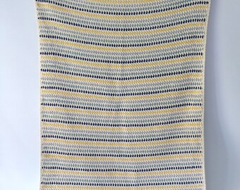 Cotton rug - crochet rug made with recycled cottons.  Blue, green, yellow, natural stripes. Nursery, bathroom, bedroom - washable