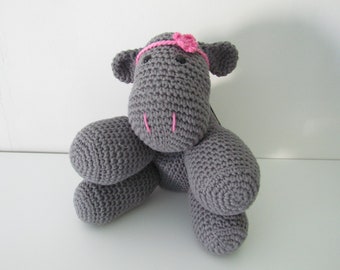 Hippo - Tallulah the crochet Hippopotamus -handmade with grey organic cotton -pink headband