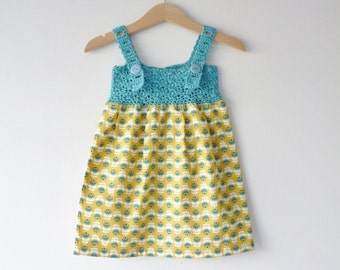 Organic baby sundress - 3 - 6 months - aqua and yellow - adjustable straps - crochet yoke - fabric skirt - organic cotton fabric and yarn