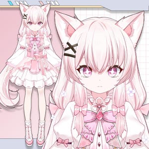 Può includere: Illustrazione digitale di un personaggio con capelli rosa e orecchie da gatto. Il personaggio indossa un vestito bianco e rosa con fiocchi e volant. Gli occhi sono grandi e rosa e il personaggio ha un'espressione gentile. Lo sfondo è un gradiente rosa.
