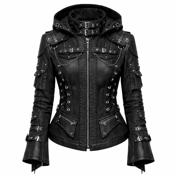 Gothic Hooded Leather Jacket – Skull Wings, Corset Back - Etsy