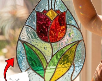 Mönster för tulpanmålat glas i PDF-format, mall för tulpansolfångare, blomglaspanel, enkel blomglaskonst, utskrivbar SVG PNG