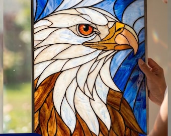 Wzór witrażu z orłem amerykańskim, szablon łapacza słońca z orłem bielikiem, panel okienny, szablon łapacza słońca z flagą USA (pobranie cyfrowe)
