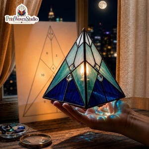 May include: A pyramid-shaped stained glass lamp featuring geometric panels in shades of deep blue, teal, and white. The lamp is illuminated from within, casting a soft glow, and is constructed with dark metal soldering between the glass pieces.