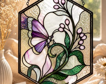 Tulpe Schmetterling Buntglas Muster Pdf, Floral Suncatcher Vorlage, druckbares Glasdesign, Selbstgemachtes Glaskunstmuster