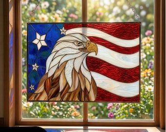 Diseño de vidriera con águila americana – Plantilla para atrapasoles con la bandera de EE. UU. (Descarga digital)