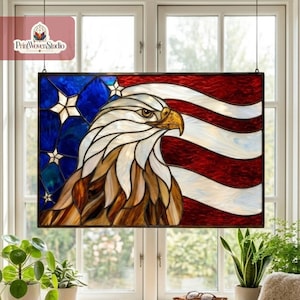 Amerikanische Flagge und Weißkopfseeadler als Buntglasvorlage | Patriotische Fensterdekoration USA (PDF/SVG) | Druckbare Glasplattenvorlage