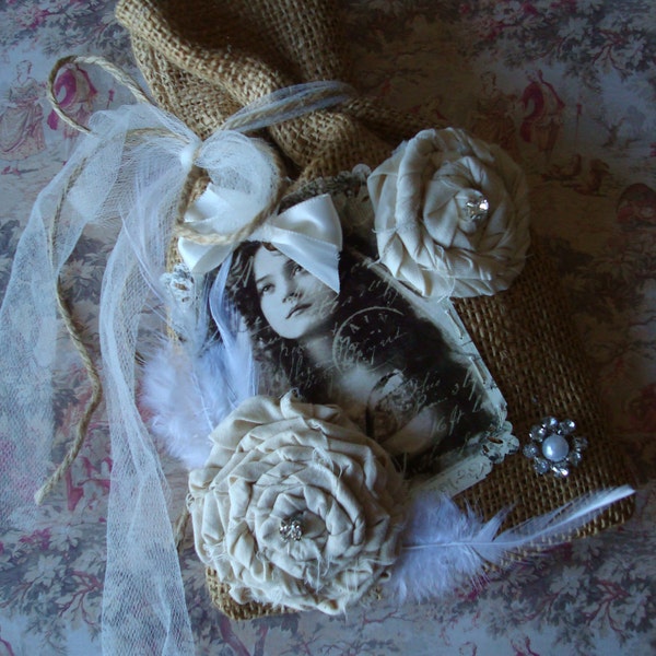 TREASURY ITEM-French Chic Shabby Burlap Gift Bag-Gift Card Holder-Paris Apartment-Tattered Roses-Tulle.