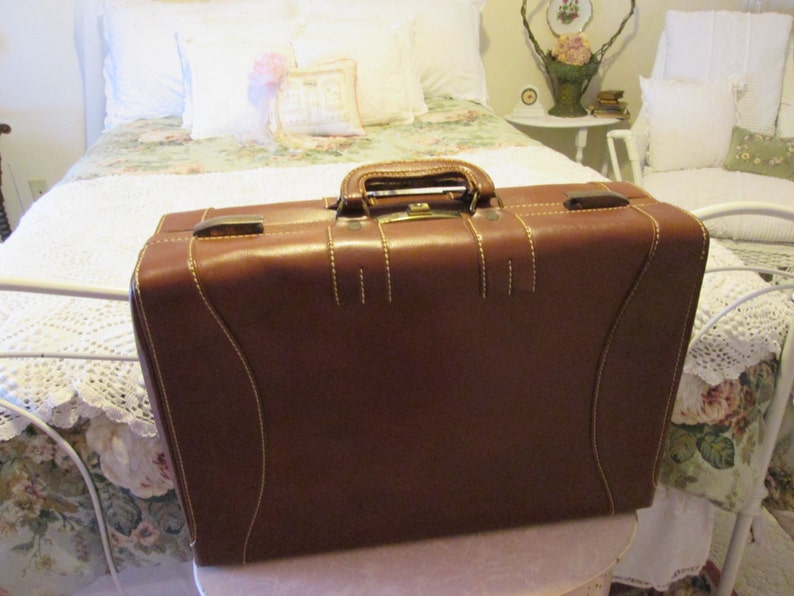Double handle suitcase vintage leather Irish linen lined Etsy