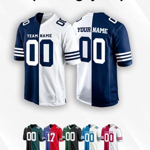 May include: A custom split-design jersey featuring a two-tone color scheme with the text CUSTOM Split-design jersey and Customizable jerseys—any style. The front displays TEAM NAME and 00, while the back shows YOUR NAME and 00.