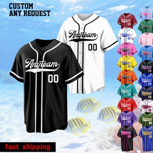May include: A collection of baseball jerseys in various colors, including black, white, red, and blue. Each jersey features the word "Anyteam" in script and the number "00". The image also includes the text "CUSTOM ANY REQUEST".