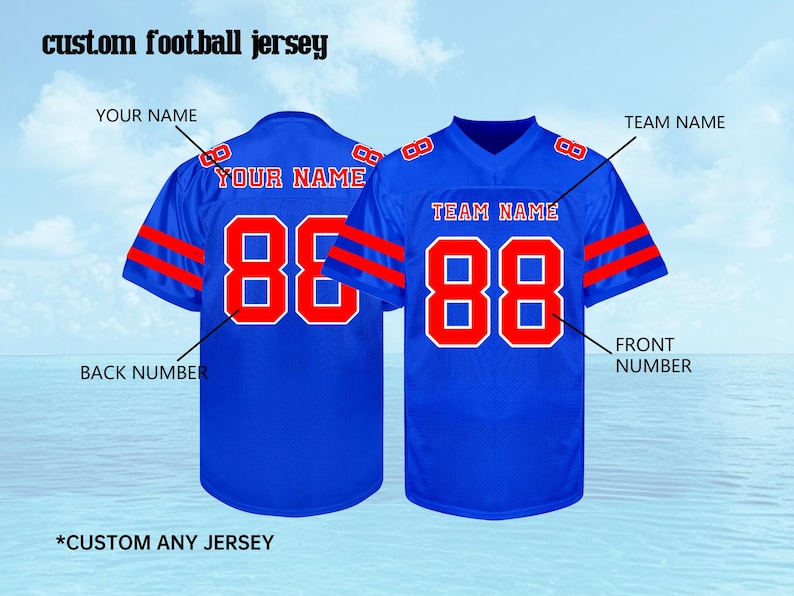 May include: Two blue football jerseys with red accents. The jerseys have the text "YOUR NAME" and "TEAM NAME" and the number "88" in red. The text "custom football jersey" is at the top, and "*CUSTOM ANY JERSEY" is at the bottom.