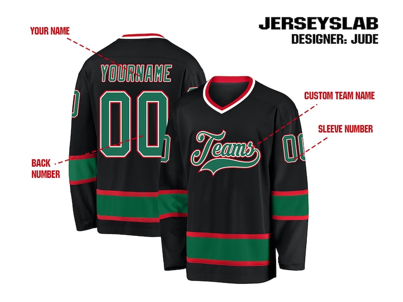 K&ouml;nnte beinhalten: Schwarzes Hockey-Trikot mit gr&uuml;nen und roten Akzenten. Das Trikot zeigt das Wort "Teams" in einer Schriftart auf der Vorderseite sowie die Nummer "00". Auf der R&uuml;ckseite des Trikots stehen der Name "YOURNAME" und die Nummer "00".