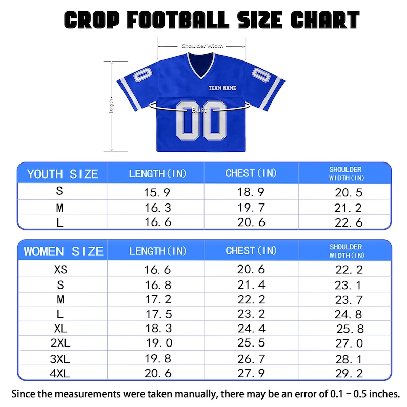 May include: A blue crop football jersey size chart with white text and graphics. The chart displays length, chest, and shoulder width measurements in inches for youth sizes S to L and women's sizes XS to 4XL, noting a 0.1 to 0.5 inch margin of error.
