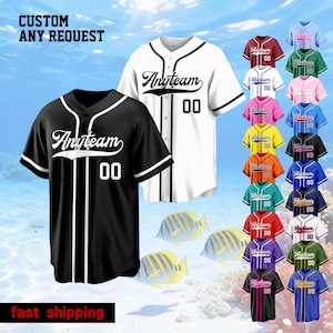 May include: A collection of short-sleeved button-down baseball jerseys featuring the text Anyteam and the number 00. The jerseys are displayed in various solid colors and patterns, including black, white, red, blue, green, pink, and yellow.