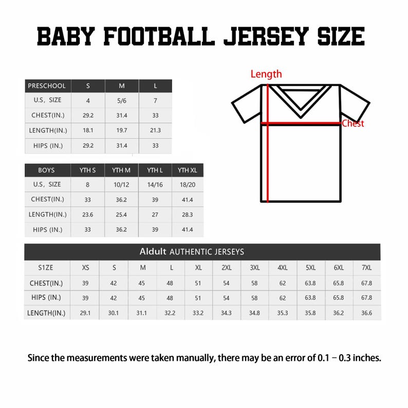 Pu&ograve; includere: Una tabella delle taglie per maglie da football per neonati, ragazzi e adulti. L'immagine include tabelle con taglie USA, petto, lunghezza e fianchi in pollici, insieme a un disegno al tratto di una maglia che indica le misure prese.