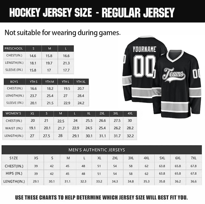 K&ouml;nnte beinhalten: Schwarze Hockeytrikots mit wei&szlig;en und silbernen Akzenten, mit den Texten "YOURNAME" und "Teams" sowie der Nummer "00". Gr&ouml;&szlig;entabellen f&uuml;r authentische Trikots f&uuml;r Kinder, Jungen, Damen und Herren sind enthalten.