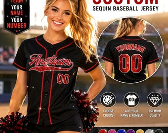 Camiseta de béisbol con lentejuelas personalizada: bordado personalizado con nombre y número, para animadoras, jóvenes y mujeres. Regalos únicos para mujeres.