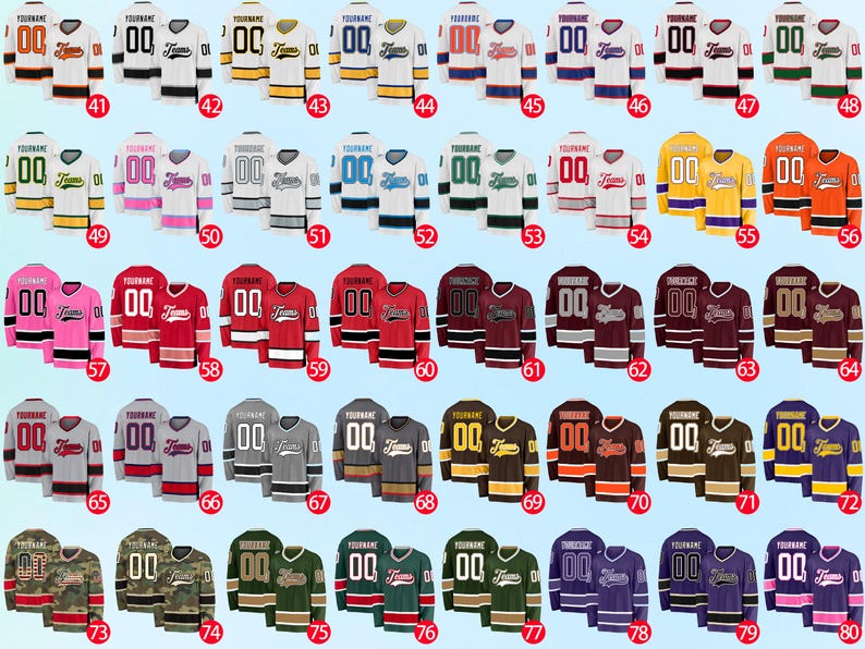 K&ouml;nnte beinhalten: Eine Sammlung von Hockey-Trikots in verschiedenen Farben, darunter Wei&szlig;, Schwarz, Rot und Blau. Jedes Trikot hat die Nummer "00" und das Wort "Team" auf der Vorderseite, mit Platz f&uuml;r einen Namen dar&uuml;ber.