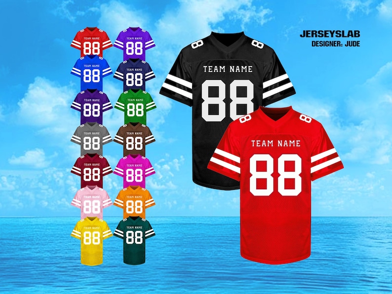 May include: A collection of football jerseys in various colors, including red, black, and purple. Each jersey features the number "88" prominently displayed, along with the option for a team name. The jerseys have white stripes on the sleeves.