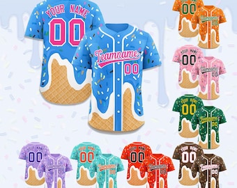Personalized Ice Cream Drip Baseball Jersey for Men Women Youth Kid, Custom Sprinkle Drip Baseball Matching Family Shirt