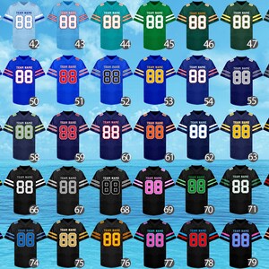 May include: A collection of football jerseys in various colors, each featuring the number "88" and space for a team name. The jerseys have contrasting stripes on the sleeves and neckline, with a range of color combinations.
