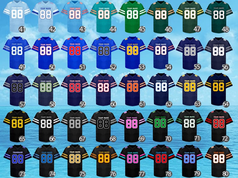 May include: A collection of football jerseys in various colors, each featuring the number "88" and space for a team name. The jerseys have contrasting stripes on the sleeves and neckline, with a range of color combinations.