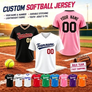 May include: Custom softball jerseys in black, white, and pink with V-necks and short sleeves. Text includes CUSTOM SOFTBALL JERSEY, YOUR NAME & NUMBER, DURABLE STITCHING, LIGHTWEIGHT FABRIC, YOUTH-ADULT S-7XL, TeamName, 00, 01, and BULK TEAM FAST SHIPPING.