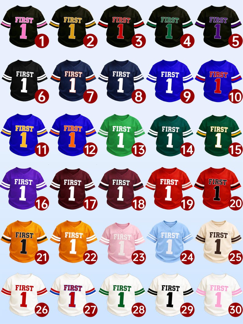 Pu&ograve; includere: Una collezione di trenta maglie a maniche corte in vari colori, ognuna con la scritta FIRST sopra il numero 1 sul petto. Le maglie presentano strisce a contrasto sulle maniche e sono numerate da 1 a 30 per facilitarne l'identificazione.