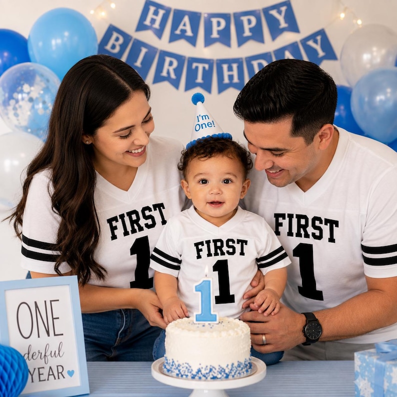 Pu&ograve; includere: Magliette bianche abbinate con scollo a V, strisce nere sulle maniche e la scritta FIRST 1 stampata in nero. Un piccolo cappellino da festa blu e bianco con la scritta I'm One! sulla testa di un bambino. Una torta bianca con una candela blu a forma di 1.