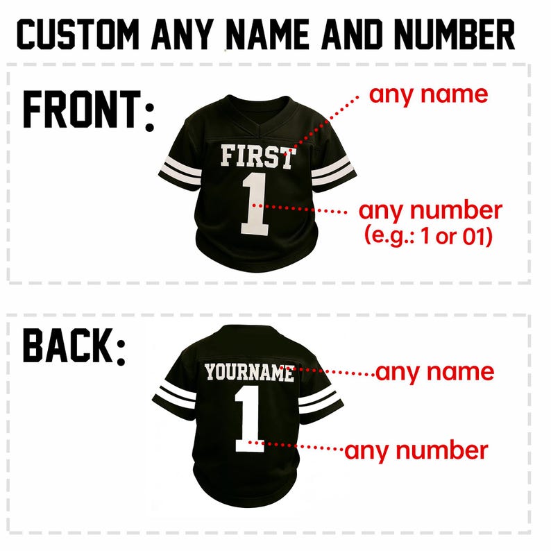 Pu&ograve; includere: Una maglia nera a maniche corte con strisce bianche sulle maniche e scritte bianche. Il davanti mostra il testo FIRST e il numero 1. Il retro mostra il testo YOURNAME e il numero 1. Il testo recita CUSTOM ANY NAME AND NUMBER.