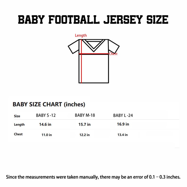 Pu&ograve; includere: Una tabella delle taglie per maglie da calcio per neonati con un disegno al tratto che mostra i punti di misurazione per lunghezza e torace. La tabella elenca le taglie S-12, M-18 e L-24 con lunghezze di 37,1, 39,9 e 42,9 cm e larghezze torace di 27,9, 31,0 e 34,0 cm.