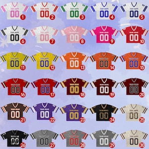 May include: A collection of thirty short-sleeved V-neck jerseys arranged in a grid, each featuring the text TEAM NAME and the number 00 in various colour combinations, with each jersey labelled with a numbered red circle from 1 to 30.