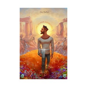 May include: Digital art print of a man with a beard, standing on a colorful landscape with the text "The Human Condition" and the name "Jon Bellion". The artwork features a warm color palette with a surreal, dreamlike quality.