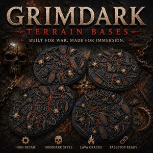 May include: Four circular and oval miniature bases featuring a textured black rocky surface with glowing orange lava cracks, embedded with metallic debris, gears, and skulls. Text reads: GRIMDARK TERRAIN BASES BUILT FOR WAR. MADE FOR IMMERSION.