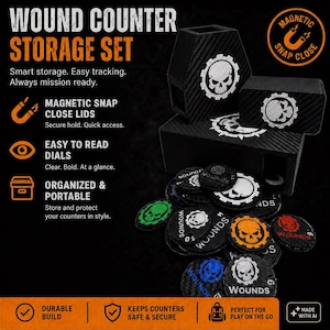 May include: A black carbon fiber textured wound counter storage set featuring magnetic snap close lids. The set includes a storage box and multiple circular tokens with white, green, orange, and blue skull graphics and the text WOUNDS.