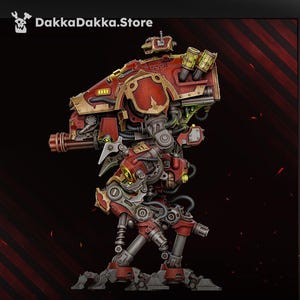May include: A red and metallic grey bipedal combat robot miniature with a multi-barreled cannon, exposed mechanical joints, and glowing yellow accents. The text DakkaDakka.Store is visible in the top left corner of the image.